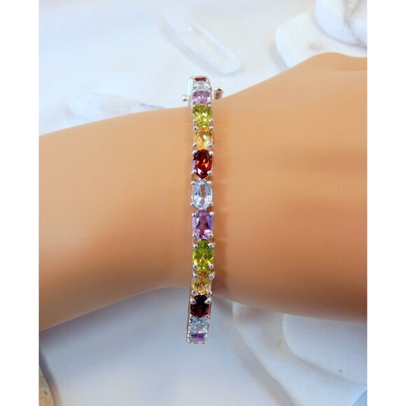Sterling Silver Multi Gemstone Bangle Bracelet Safety Lock Excellent - Picture 2 of 7